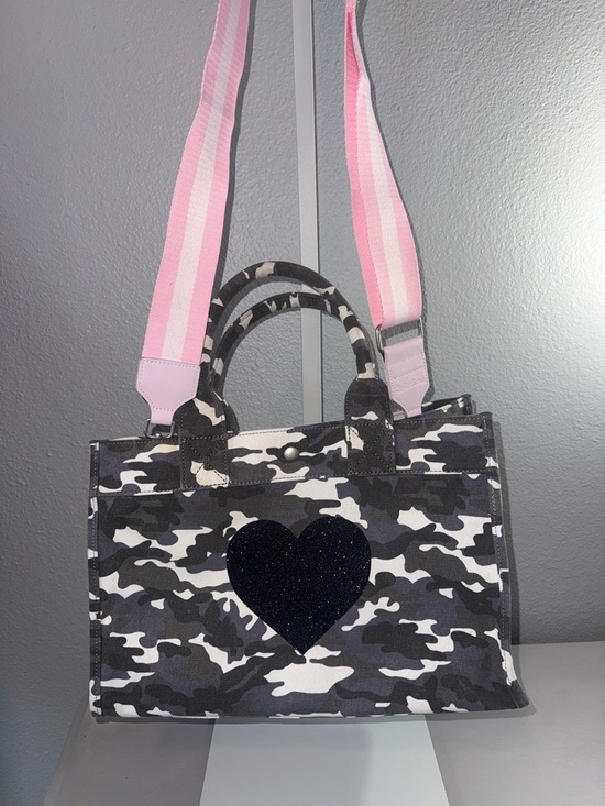 Quilted Koala Handbags - Quilted Koala Gray Camo Tote-Crossbody with Glitter Heart, and Pink Crossbody
